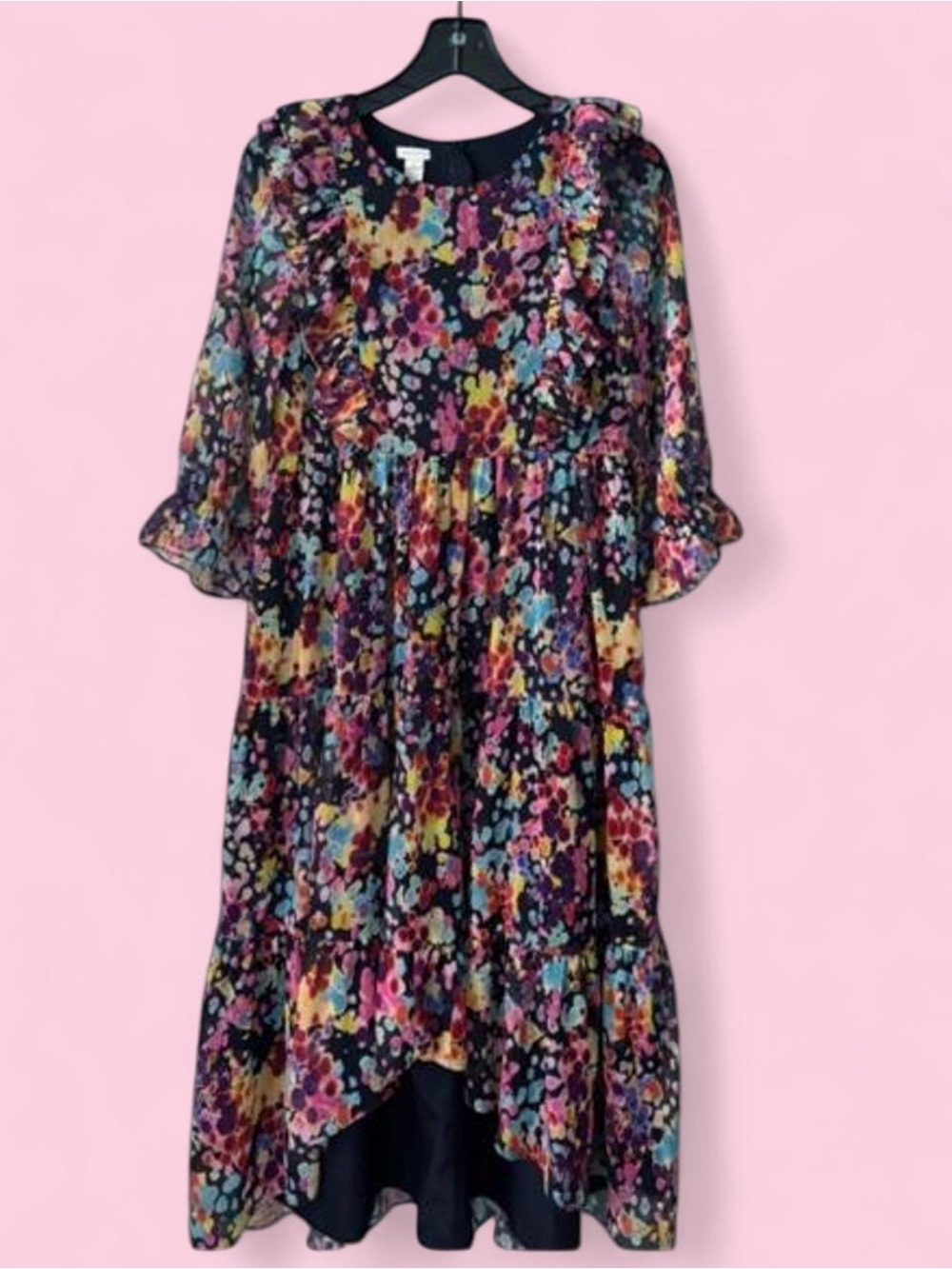 Monsoon Black Floral Ruffle Tiered Dress with Multicolor Spots